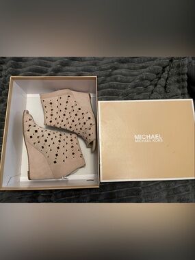 Michael Kors Blush Laser-Cut Peep-Toe Wedge Booties